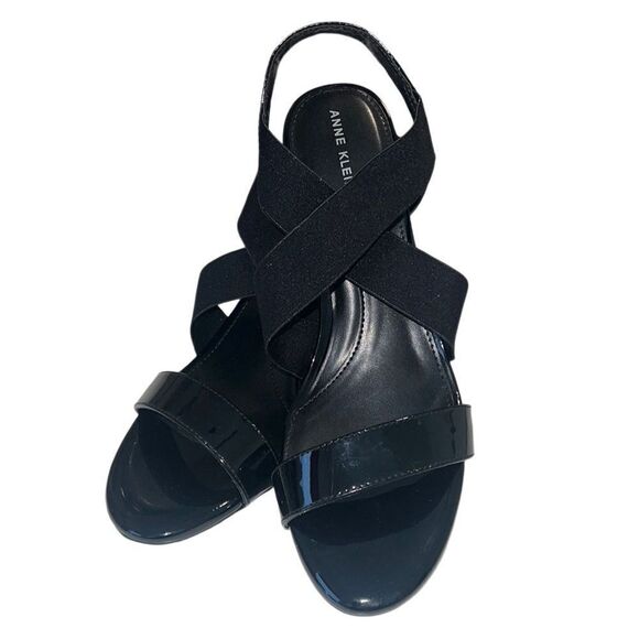 Anne Klein Ressa Black Fabric Criss Cross Straps Sandals Heels Size 9.5 - Picture 1 of 12
